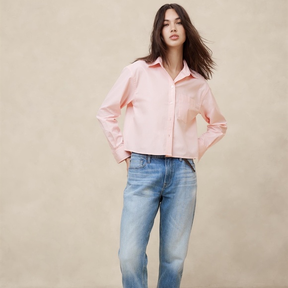 New! BANANA REPUBLIC 100% Cotton Boxy Crop Shirt in Soft Pink, Size Large - Picture 6 of 6